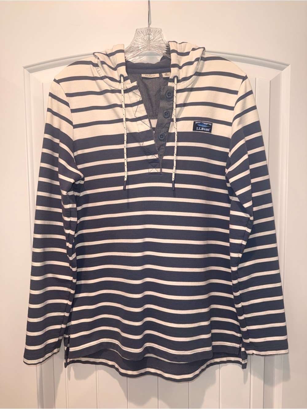 L.L.Bean Blue and White Striped Pullover Hooded Henley
